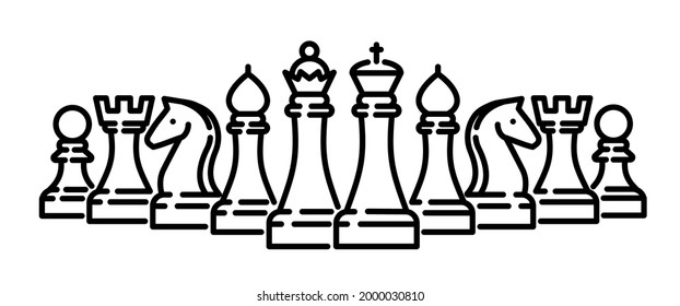Group of chess figures, vector icon, editable stroke. Set of all game elements: pawn, rook, horse, knight, queen and king. Simple graphic sign for game, sport or marketing.