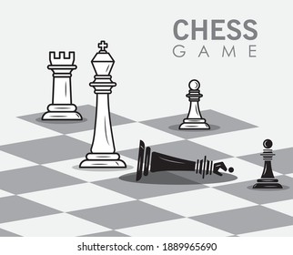 group of chess pieces set in board and lettering vector illustration design