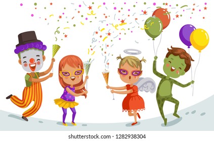Group Of Child Celebrate  Party Together. Funny Kid Clown. Hero Girl, Fantasy Frogman, Mascot And Little Angel In Cute Red Dress. The Color Of The Festive Party Of Children.