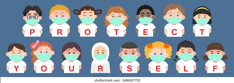Group of child wearing medical masks to prevent disease, flu, air pollution, world pollution and they are Wear the T-shirt text labeled "Protect yourself", Vector illustration for your design