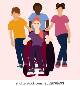 A group of children among whom is an inclusive child. Vector illustration