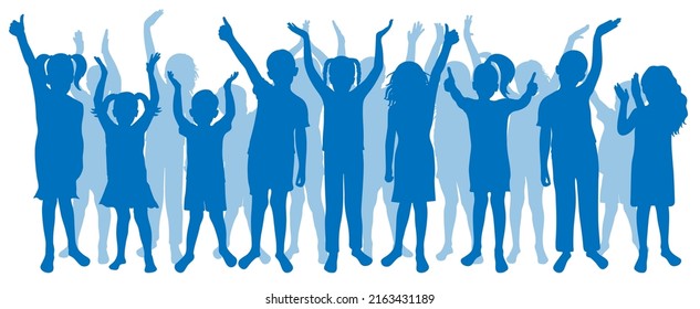 Group of children applauding and thumb up like sign. Silhouettes of happy kids. Vector illustration