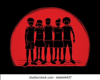 Group of Children arm around another's shoulder, Children hugging designed on sunlight background graphic vector.