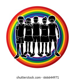 Group of Children arm around another's shoulder, Children hugging designed on rainbow background graphic vector.