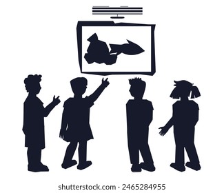 Group of children in art museum, silhouette vector illustration isolated on white background. Children on an excursion to an art gallery.