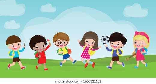 Group of children back to school, kids school, education concept, Kids go to school, Template for advertising brochure, your text,Kids and frame,child and frame,Vector Illustration