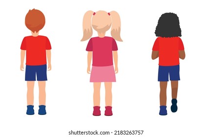 Group of children back view boy and girls African, on white background 