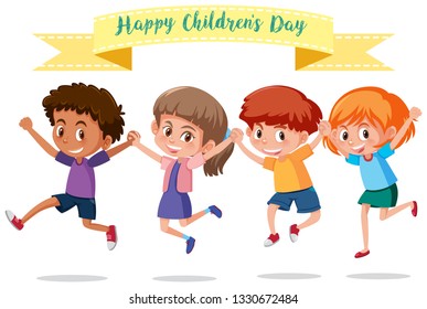 Group of children with banner illustration