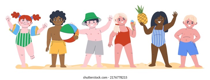 Eine Gruppe von Kindern im Badevergnügen liegt am Strand. Jungen unterschiedlicher Nationalität und Hautfarbe. Flache Vektorgrafik. EPS10