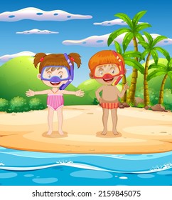 Grupo de niños en la ilustración de la playa