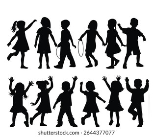 group of children black silhouettes in playful poses set