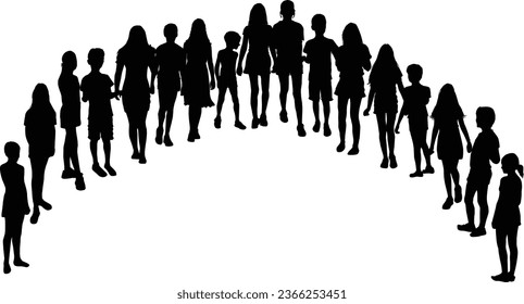 Group of children, black silhouettes.	Teenagers.