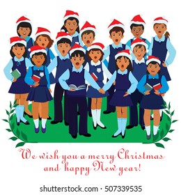 A group of children in blue uniforms and red hats sing Christmas songs. Vector illustration or the finished design or greeting card, and so on. Olive branch a symbol of friendship and peace.