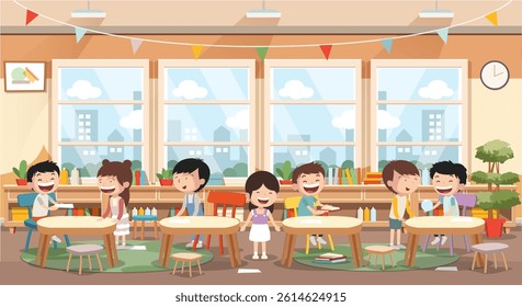 Group of children, boys and girls, studying and playing in a classroom. School class or kindergarten interior with kids sitting behind desks. Cartoon style vector illustration.