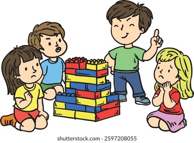 a group of children building a tall structure with colorful blocks. One child is explaining something while the others watch with different reactions, symbolizing teamwork, leadership
