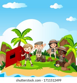 Group of children camping illustration