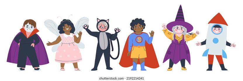 A group of children in carnival costumes. Children in Halloween costumes. Witch, Dracula and Superman Halloween costume. Flat vector illustration. Eps10