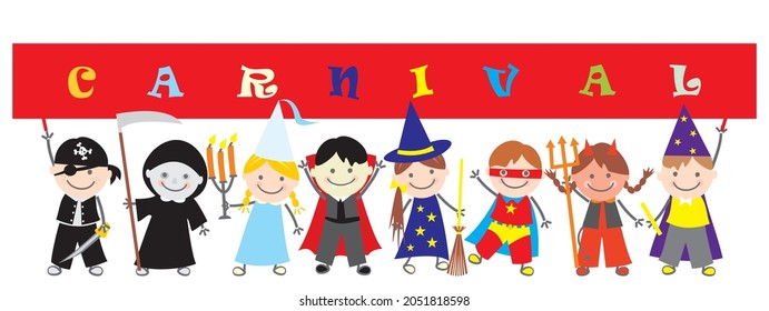 Group of children in carnival mask with red banner with text, boys and girls, in a row. Vector illustration for download.