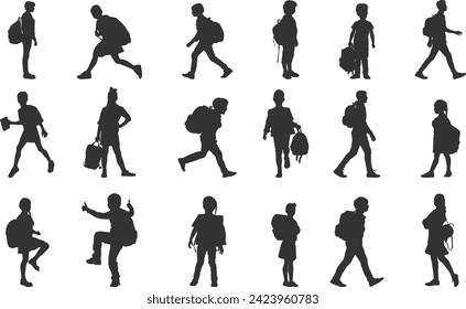 Group of children carrying school bags going to school silhouette, Children with schoolbag black silhouettes, Child carrying school bag silhouettes, Back to school kid carrying bay silhouette.
