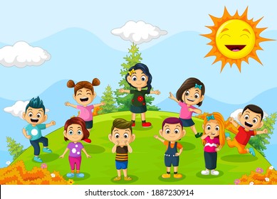 a group of children cartoon playing cheerfully with nature background vector design