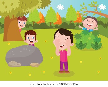 Group of children cartoon playing hide and seek at the park during summer time