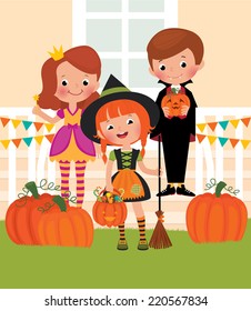 Group of children celebrating Halloween in the yard into a vampire cat and witch costumes Stock vector illustration