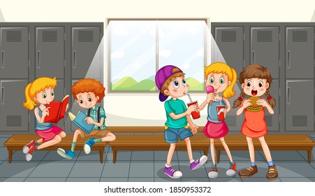 Group of children at changing room illustration