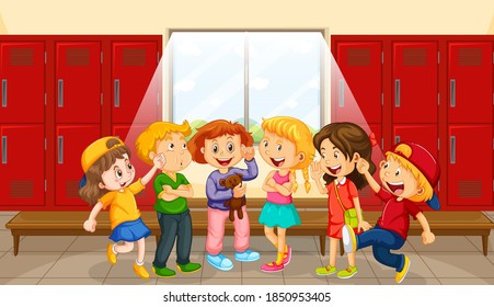 Grupo de niños en la ilustración de la sala de cambio