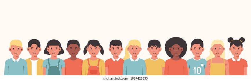 group of children character in a row together prepare for back to school, flat vector illustration