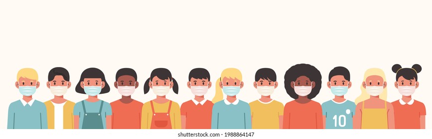group of children character wearing surgical or medical face mask to prevent virus spreading, disease, flu, and air pollution, back to school, flat vector illustration