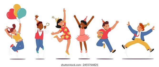 Group Of Children Characters Happily Jumping In The Air, Enjoying Each Others Company At A Birthday Party, Create A Lively Atmosphere Full Of Entertainment And Fun. Cartoon People Vector Illustration