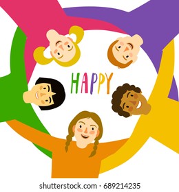 Group of children in circle hugging each other looking down. Cartoon illustration about  unity, friendship,childhood and happiness.