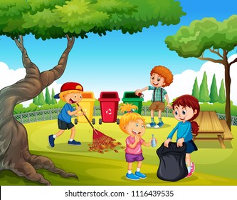 A Group of Children Cleaning Garden illustration