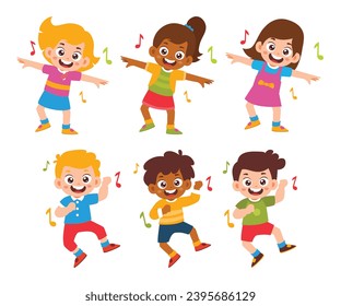 Group of Children Dancing with Friends Collection. kids dancing, jumping in different poses, dressed in casual outfit clothes. Diversity Family Parenthood Kindergarten. vector illustration