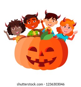 Group Of Children With Devil Horns Peeking Out From Large Pumpkin Vector. Halloween Isolated Illustration

