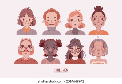 group of children. different multicultural faces. Elementary school girls and boys. icon or avatar. Red version