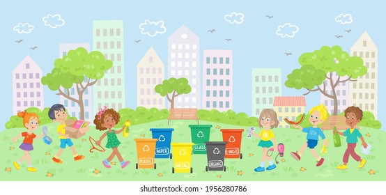 A group of children of different nationalities collects all kinds of waste in different colored trash cans in a city park. Waste sorting. Vector illustration in cartoon style. Isolated on white.