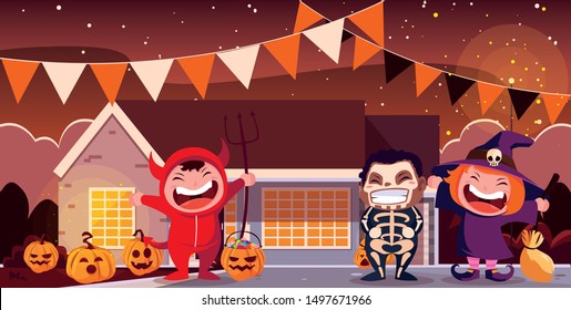 group of children disguised in facade house