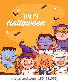 group children disguised for happy halloween celebration vector illustration design