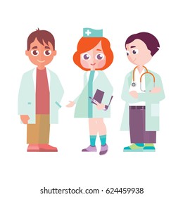 Group of children in doctor's clothes on a white background. Vector illustration in cartoon style