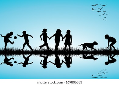 Group of children and a dog playing outdoor