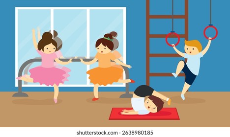Group of children doing gymnastic exercises. Vector illustration in flat style