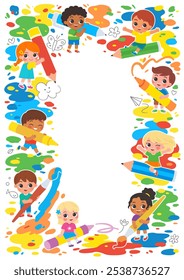 Group of children draw big art together with large art supplies. Colorful cartoon characters. Template for advertising brochure. Ready for your message.