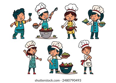 A group of children dressed as chefs are shown in various poses, with some holding bowls and spoons. Concept of fun and playfulness, as the children are dressed in chef outfits