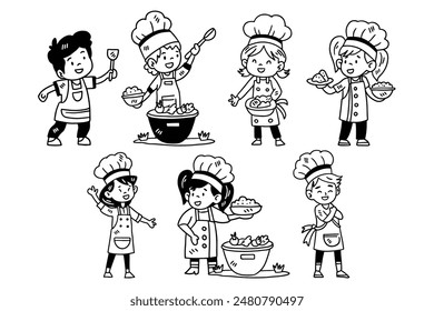 A group of children dressed as chefs are shown in various poses, with some holding bowls and spoons. Concept of fun and playfulness, as the children are dressed in chef outfits