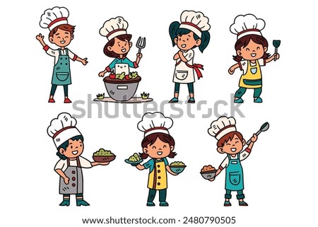 A group of children dressed as chefs are shown in various poses, with some holding bowls and spoons. Concept of fun and playfulness, as the children are dressed in chef outfits
