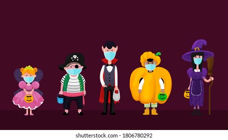 A group of children dressed in costumes for Halloween. The faces of children wearing protective medical masks. Sad faces of children. The virus spoils the holiday