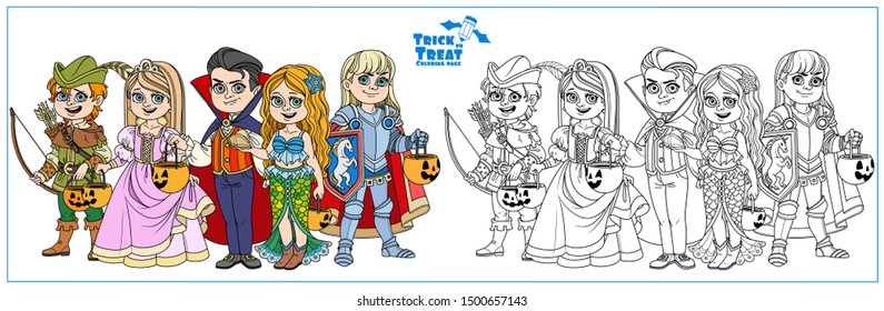 Group of children dressed in costumes of monsters and magic creatures for Halloween trick or treat color and outlined for coloring page