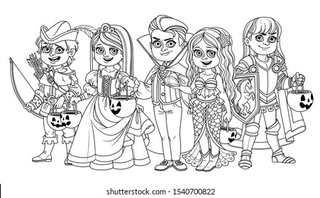 Group of children dressed in costumes of monsters and magic creatures for Halloween trick or treat outlined for coloring page