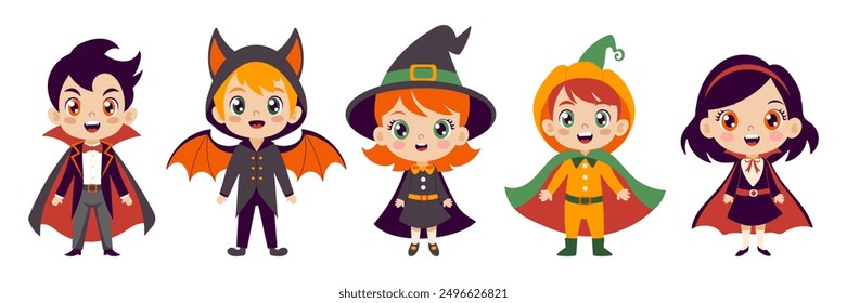 A group of children dressed in Halloween costumes, including a witch, a vampire, and a pumpkin